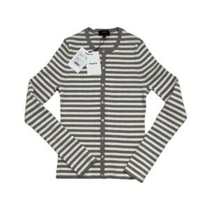 NWT THEORY GAL WOMEN CARDIGAN, KNITTED, STRIPED, RIBBED, WHITE AND BEIGE, US L